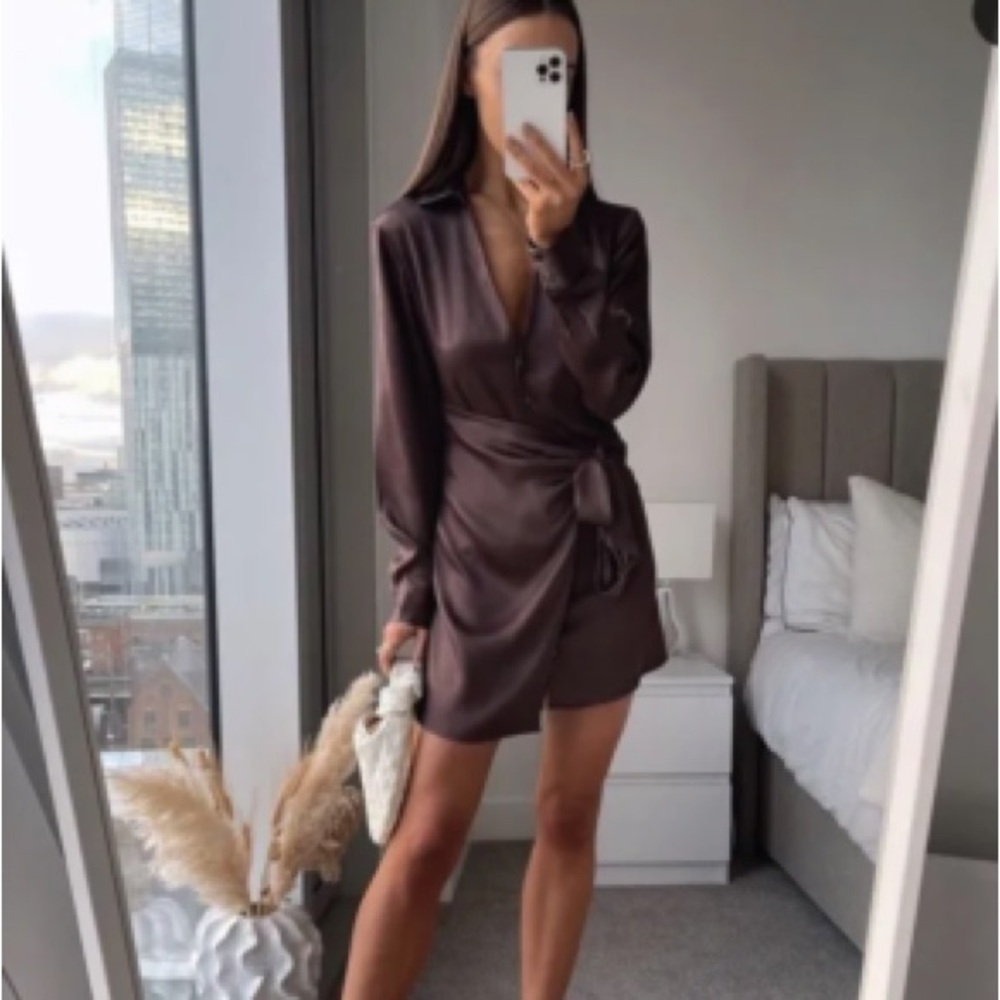 Zara Chocolate Long Sleeve Wrap Dress